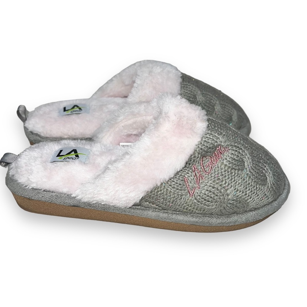 NEW LA Gear Girls Grey & Pink Faux Fur Cable Knit Mule Slippers Girl’s Size 1-2